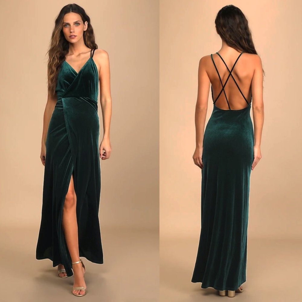 Lulu's Whimsical Romance Velvet Faux-Wrap Maxi Dress w/V-Neck + Open Back